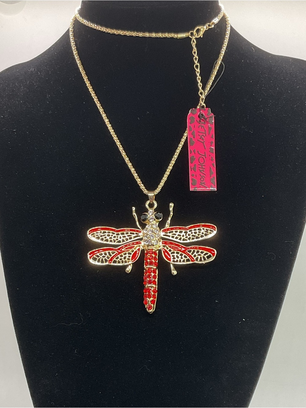 Betsey Johnson Gold Tone Dragonfly Necklace with Red Enamel and Crystal Accents